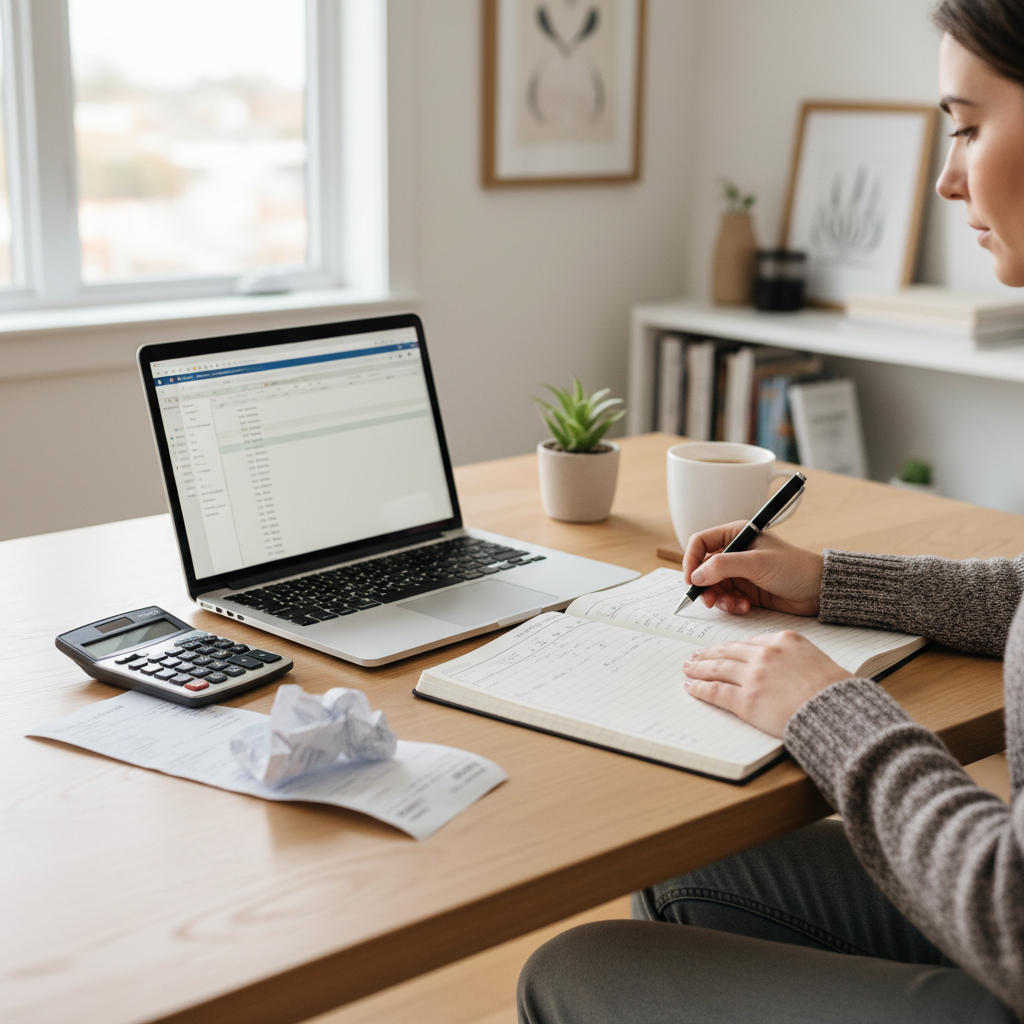 Person creating a monthly budget with a laptop, calculator, notebook, and coffee at a desk