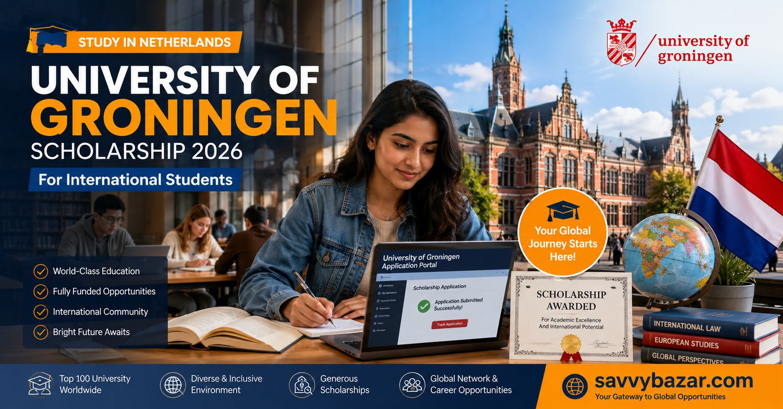 International student studying at University of Groningen with scholarship symbolizing Eric Bleumink Fellowship 2027 for master's degree in Netherlands